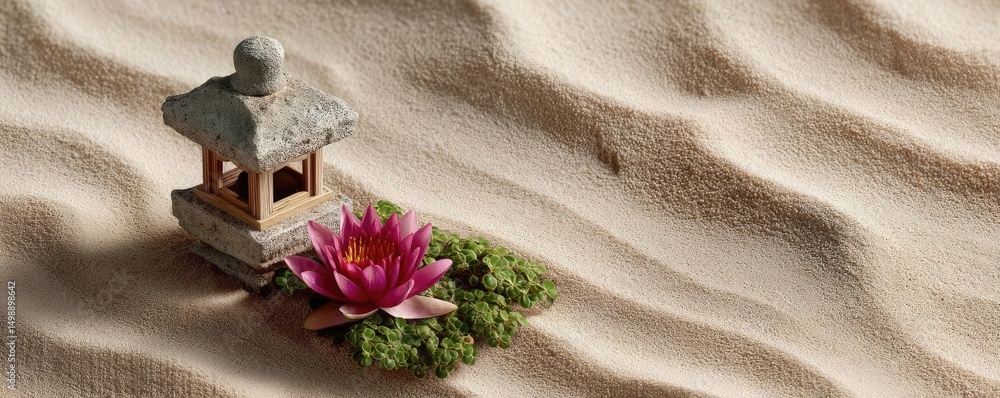 Poster raked sand patterns in tranquility with lantern and lotus concept. a serene scene featuring a lotus 
