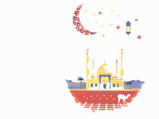 Naklejka premium Eid Mubarak greeting card with Islamic calligraphy of a mosque, featuring a vector illustration of an Asian landmark and a symbolic dome architecture