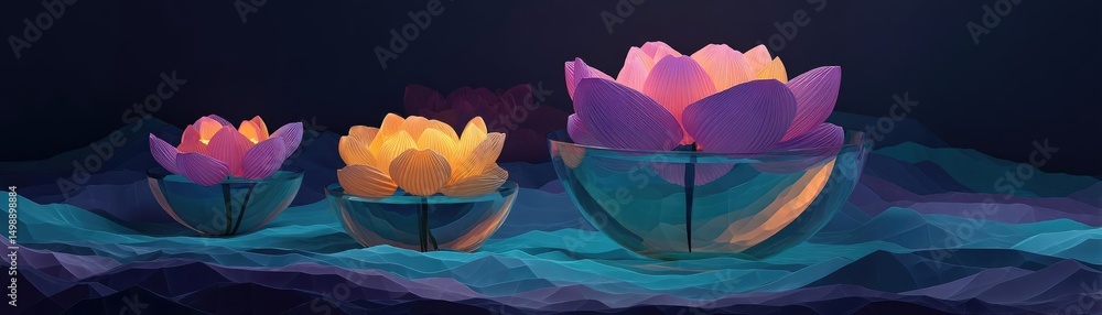 Poster raked sand patterns in tranquility with lantern and lotus concept. colorful lotus flowers gracefully