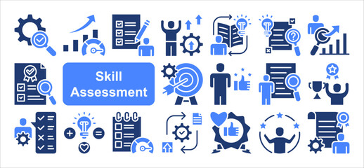 Skill assessment icon collection set. Containing competency, proficiency, aptitude, testing, center, criteria, performance icon. Simple flat vector.
