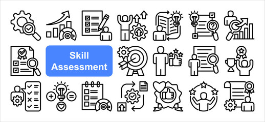 Skill assessment icon collection set. Containing competency, proficiency, aptitude, testing, center, criteria, performance icon. Simple line vector.