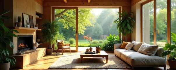 Fototapeta premium A cozy, sunlit living room with large windows overlooking a lush green garden, embodying the perfect home dream The perfect space for relaxation and family gatherings , home sweet home, garden