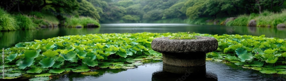 Poster stone lantern in harmony with peaceful lotus pond concept. serene lake view with lush greenery and t