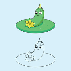 Cute cartoon zucchini character with flower and outline version illustration