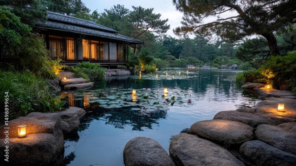 Aufkleber tea pavilion with minimalism and rock by lantern concept. a serene garden with water lilies and soft