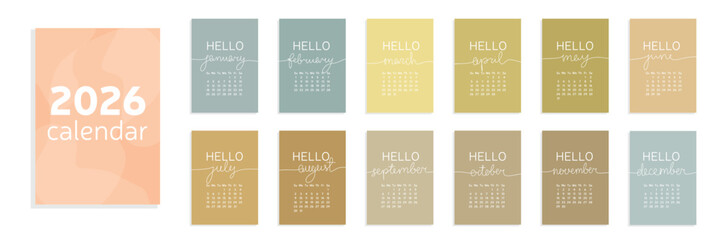 2026 Year Calendar A4. Week Start Sunday. Hello January and another months. Hand Drawn Vector Art