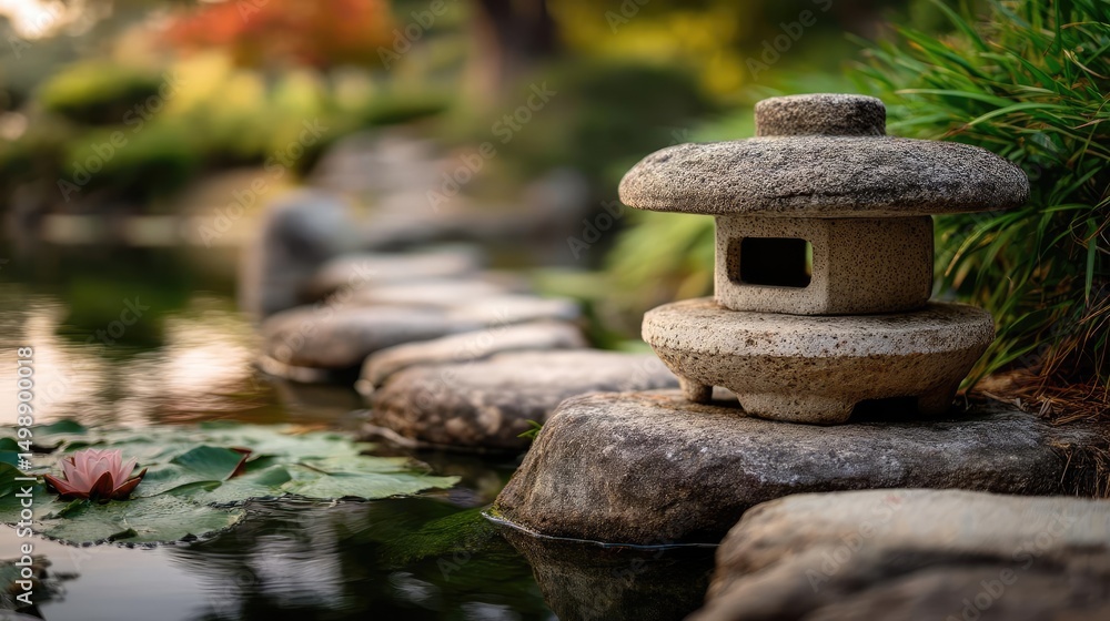Poster tea pavilion with minimalism and rock by lantern concept. a serene garden scene with a stone lantern