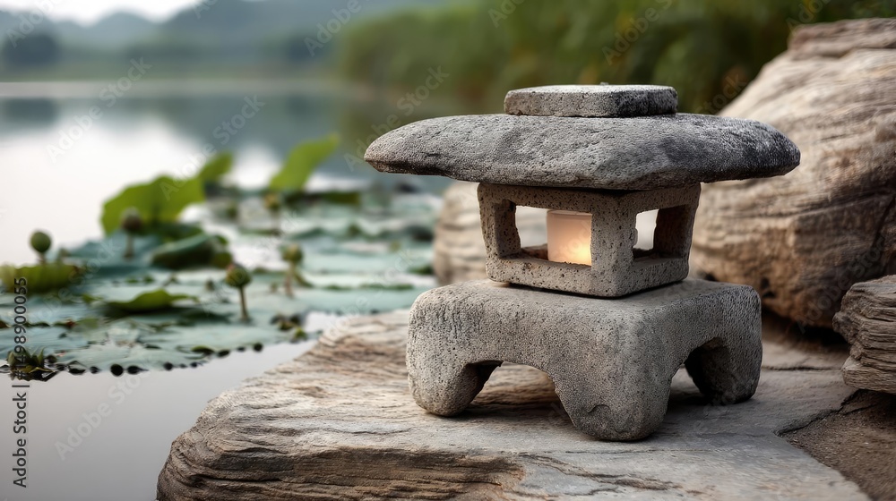 Poster tea pavilion with minimalism and rock by lantern concept. traditional stone lantern by a tranquil la