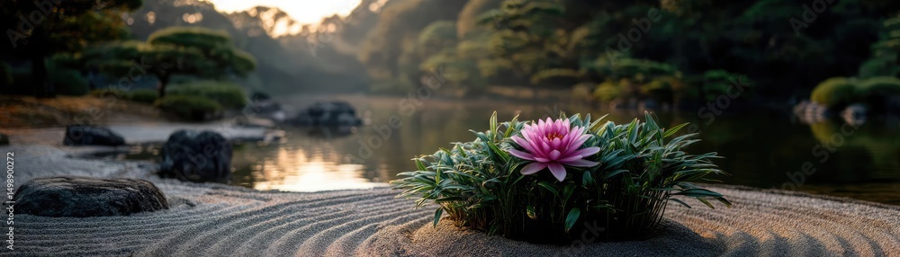 Aufkleber raked sand patterns in tranquility with lantern and lotus concept. a serene pond featuring a bloomin