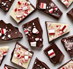 Top down view of chocolate bark pieces with peppermint candy on a white surface arrangement pattern