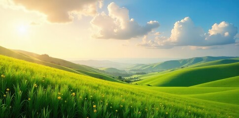 Fototapeta premium A serene landscape featuring a vast, cloudless sky above rolling hills and lush green fields, bathed in the warm glow of sunlight , elevation, sunlight