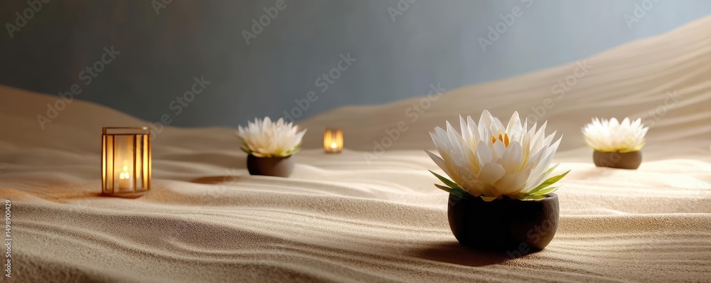 Poster raked sand patterns in tranquility with lantern and lotus concept. delicate water lilies in serene s