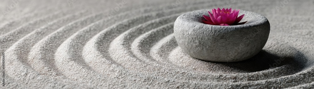 Poster Raked sand patterns in tranquility with lantern and lotus concept. A tranquil scene of sand patterns with a pink flower in a stone.