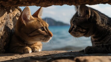 Intimate encounter between two cats at the beach animal photography coastal setting natural light