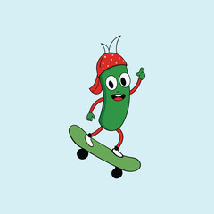 Cartoon pickle character skateboarding with cool red hat on light blue background