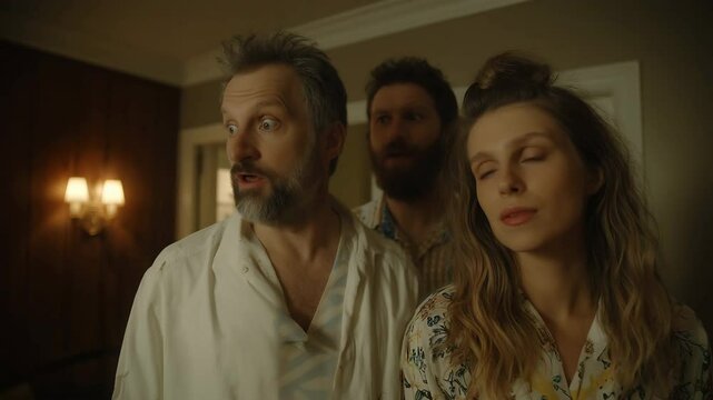 Three roommates stare blankly in dimly lit room as 'Electric Bill' text overlayed, fixed camera medium shot