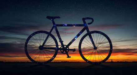Fototapeta premium Bicycle Silhouette with Galaxy Pattern Against Sunset Sky