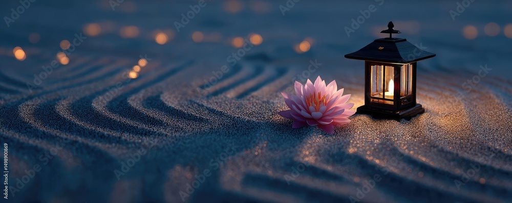Poster Raked sand patterns in tranquility with lantern and lotus concept. Tranquil scene of a lantern and lotus flower on sand at dusk.