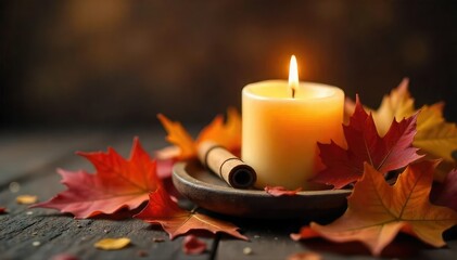Autumn leaves surround a burning cinnamon-scented candle, creating a warm and inviting seasonal ambiance perfect for fall  Cozy home decor, rustic, Thanksgiving, harvest ,  scented,  October,  flame