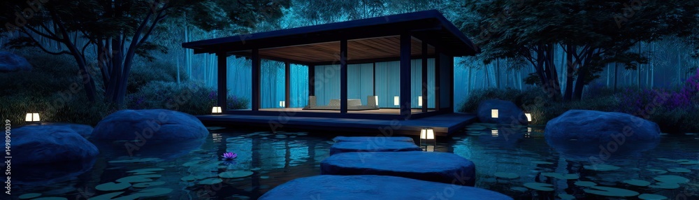 Poster Tea pavilion with minimalism and rock by lantern concept. Serene modern architecture in a tranquil evening setting.