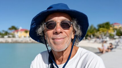 Man wearing a blue hat and sunglasses is smiling at the camera. He is standing on a beach with a body of water in the background