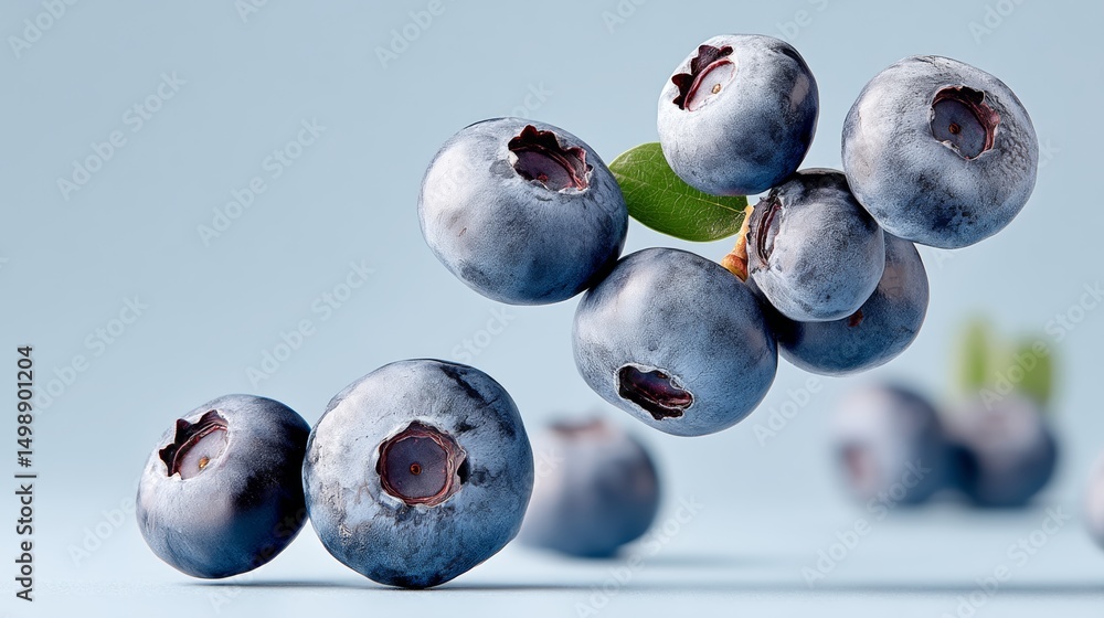 Poster close up of blueberries with a leaf on top. the blueberries are arranged in a way that they look lik