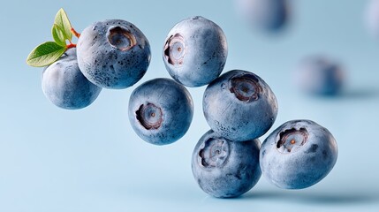 Close up of blueberries with a leaf on top. The blueberries are arranged in a pyramid shape