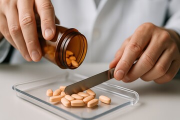 Pharmacist dispensing medication, close-up view of hands carefully counting pills from a bottle into a tray using a spatula. Healthcare, pharmacy, medicine concept.