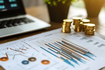 Golden coins stacked beside financial charts and a laptop, illustrating capital marketing and banking exchanges in a modern workspace setting