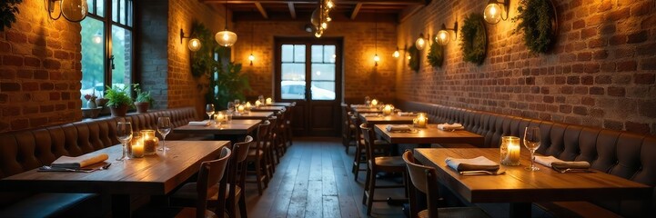 Cozy and intimate dining space with rustic wooden tables and warm lighting, perfect for a romantic dinner or a quiet night out , glasses, dimly lit, local