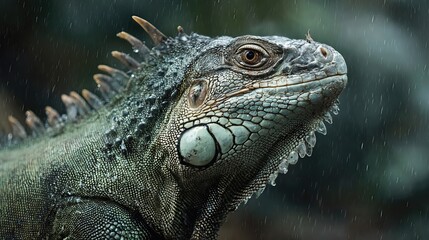 Fototapeta premium A close-up of a green iguana in the rain highlights its detailed scaled skin texture against a tropical rainforest backdrop. 