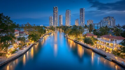 Fototapeta premium Serene canal view with modern buildings and cozy houses reflecting lights at twilight hour