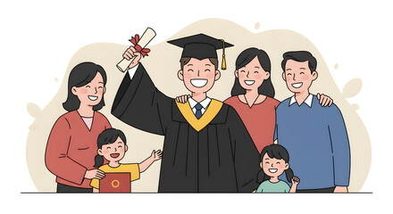 Obraz premium Joyful Graduate with Family: Asian Celebration Illustration