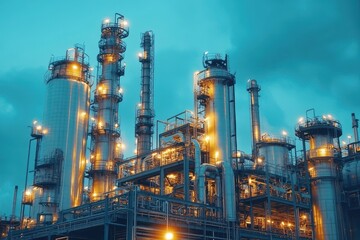 Oil production process captured at a refinery with illuminated structures and equipment during twilight
