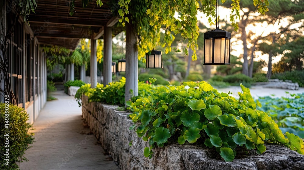 Poster tea pavilion with minimalism and rock by lantern concept. serene garden pathway adorned with lush gr