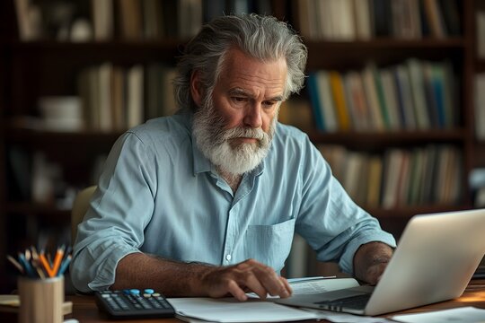 Senior professional businessman entrepreneur using laptop holding bill corporate document in office. 50 years old man executive manager or business owner reading paper working on computer - Powered by Adobe