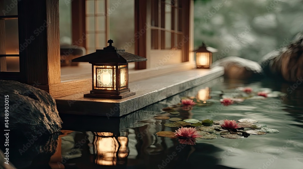 Poster tea pavilion with minimalism and rock by lantern concept. a serene lantern-lit setting by a tranquil