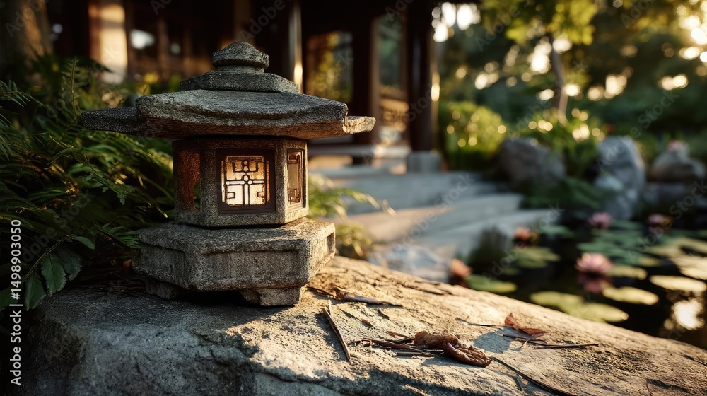 Aufkleber tea pavilion with minimalism and rock by lantern concept. a serene garden lantern by a tranquil pond