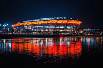 Bright lights illuminate Principality Stadium at night in Cardiff, Wales, showcasing its modern architecture and vibrant atmosphere in February