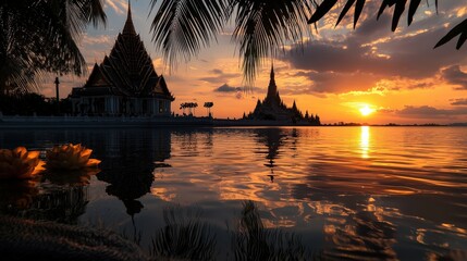 Sunset at phra that na dun temple thailand scenic view serene waters cultural heritage site