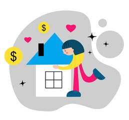 The concept of buying real estate. Mortgage. Love for your home. Happy girl