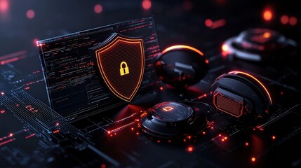 Digital security icons with protective shields cyber environment visual graphics futuristic concept