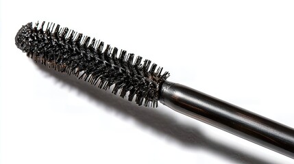 The mascara brush&rsquo;s bristles are coated evenly, highlighting tips for smooth and precise application in beauty photography.



