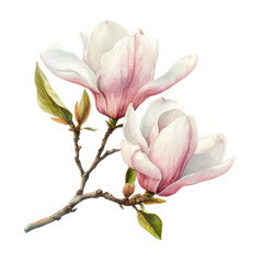 Fototapeta premium Delicate Magnolia Blooms on a Branch with Soft Pink Petals and Green Leaves