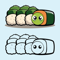 Cute cartoon sushi roll character illustration with colour and black and white versions
