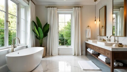 Luxurious bathroom decor featuring a freestanding tub, marble accents, and plush towels  Create a spa-like oasis in your own home with elegant design choices , contemporary, apartment, elegant