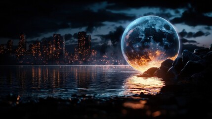 Dreamlike nightscape with glowing orb urban waterfront digital art mystical atmosphere wide-angle view fantasy concept