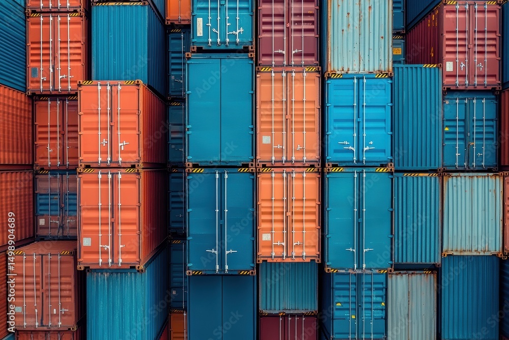 Poster cargo shipping containers are stacked in a crossdocking layout during the busy hours of a logistics 