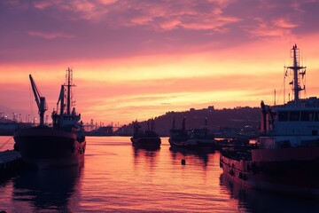 Obraz premium Cargo ships docked at vibrant port during sunset with colorful sky and distant city silhouette