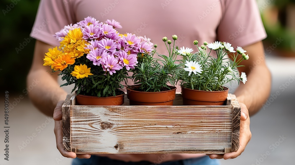 Poster man is holding a wooden box with three potted plants in it. the plants are of different colors and s